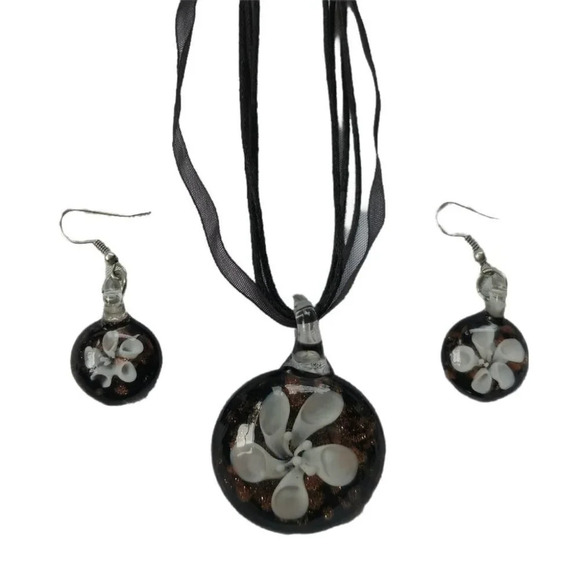 Handmade Glass Pendant & Earring Set, Copper/Black - Picture 1 of 7